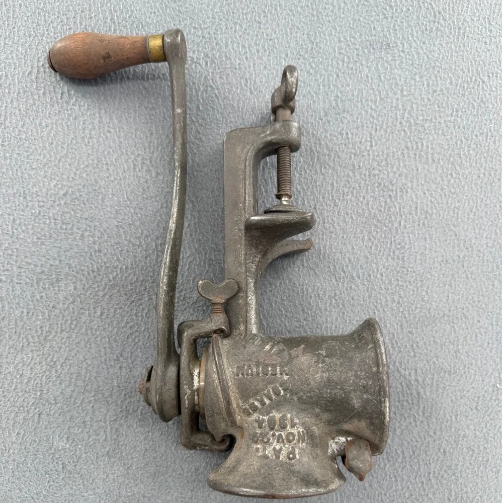 Antique Steinfeld No 21 Cast Iron Meat Grinder 1904 Pat. Wood Handle Farmhouse